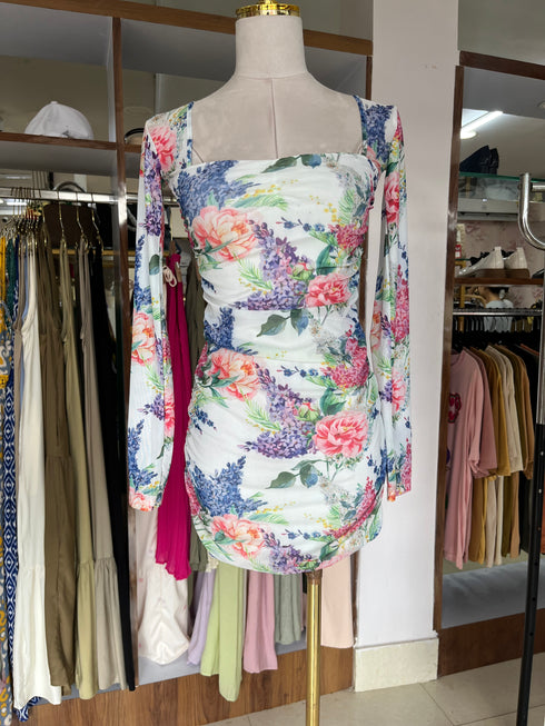 Mesh Floral Print Square Neckline Side Runched Mini Dresses